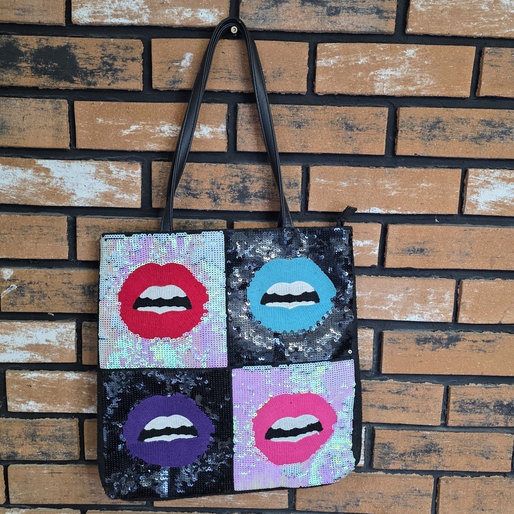 Betsey Johnson Sequin Pop Art Sequin Lips Tote Bag Colorful Purse